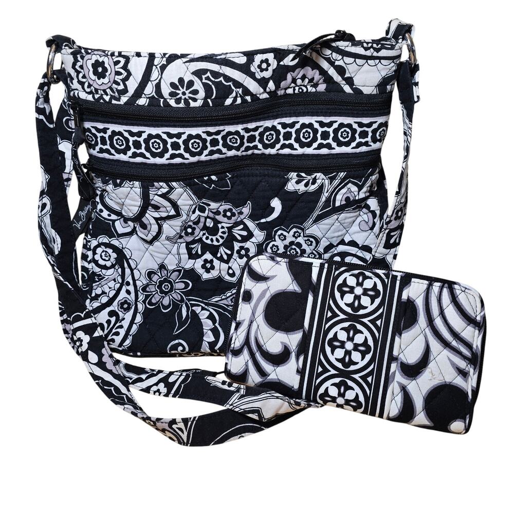 Vera Bradley Fanfare Tote Fabric Shoulder Bag Purse With Matching Wallet Blk Wht